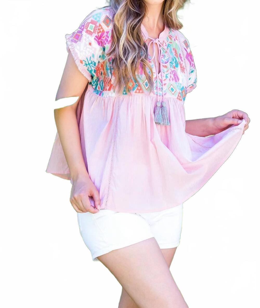 NEW THML women's embroidered babydoll top in pink
